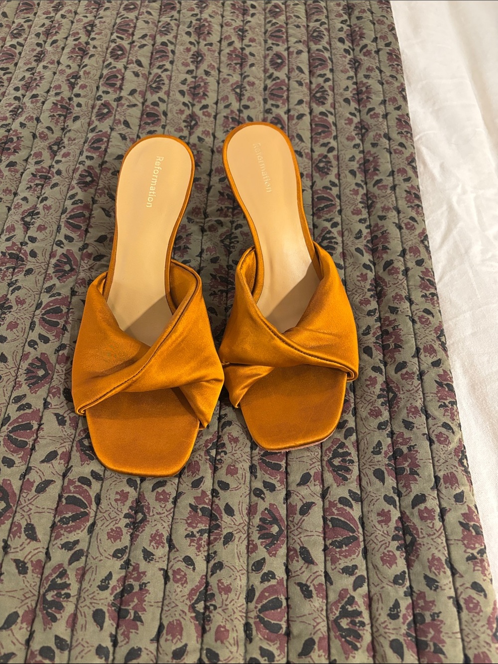 Reformation Amber-Orange Satin Knotted Slide Mules